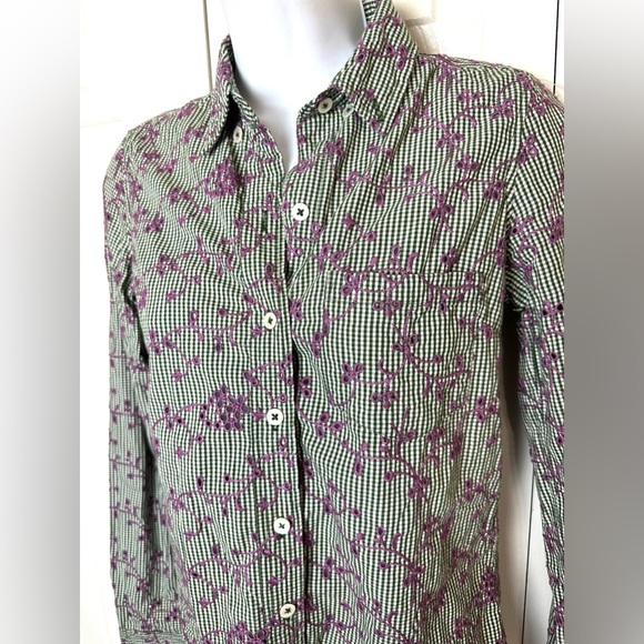 Anthro ODILLE Embroidered Eyelet ButtonDown Shirt Top Blouse Green Purple White - Picture 4 of 12